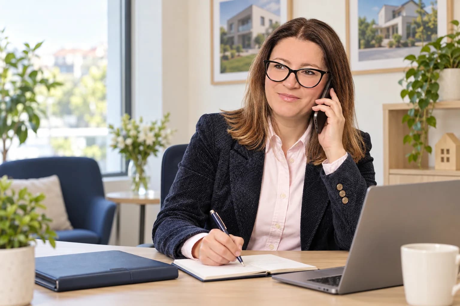 Scenă ilustrativă: Alina discută la telefon cu un client și își notează detaliile întâlnirii